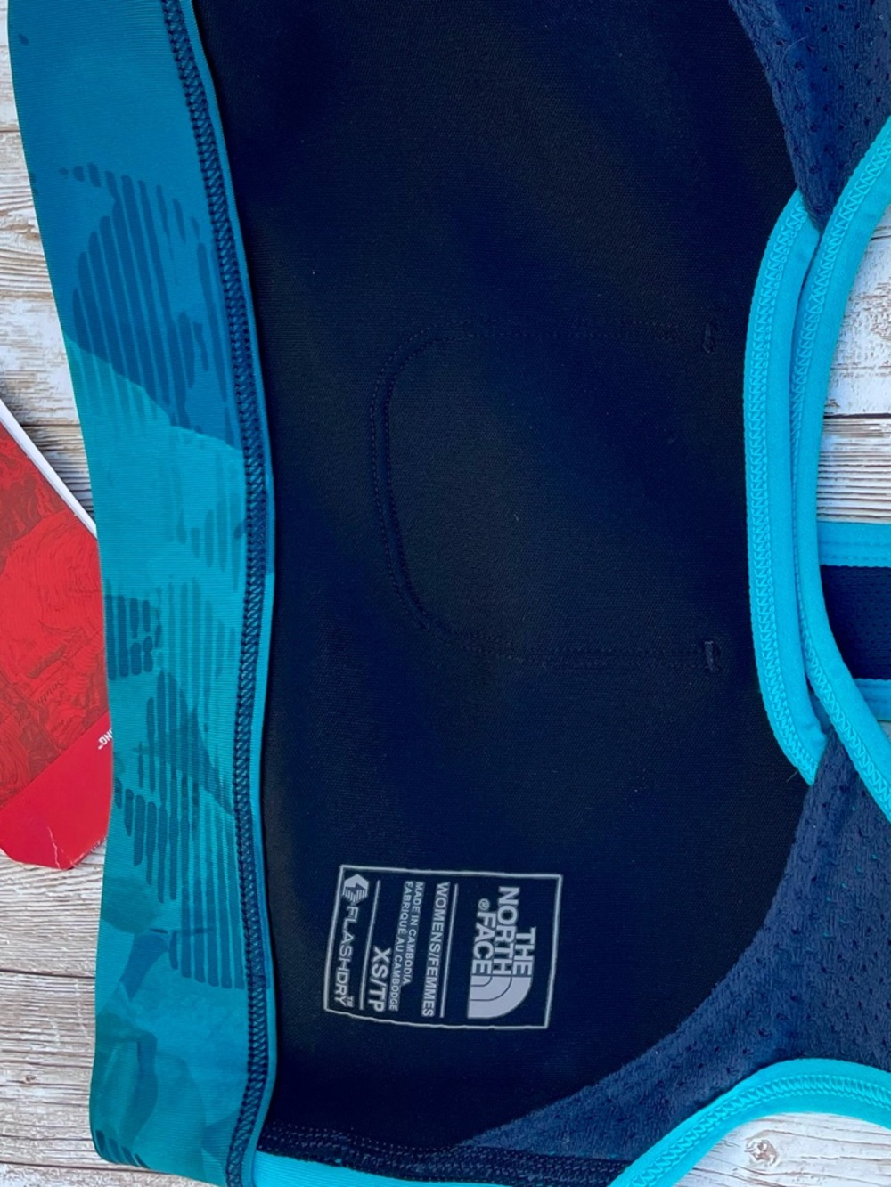 NEW North Face Stow-n-Go Phone Pocket Botanical Tropical Teal Blue Sports Bra XS - Picture 10 of 15